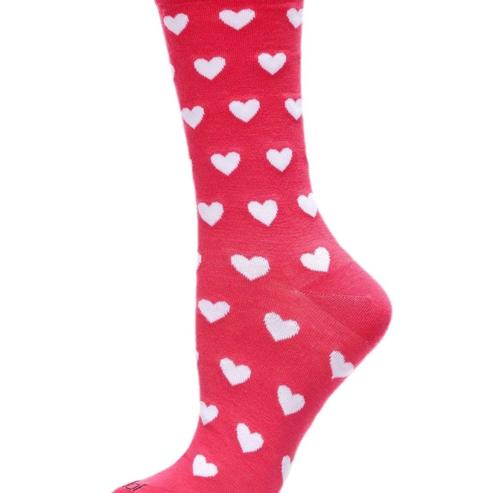MeMoi Pink Hearts Bamboo Blend Crew Socks, Womens Romantic Design